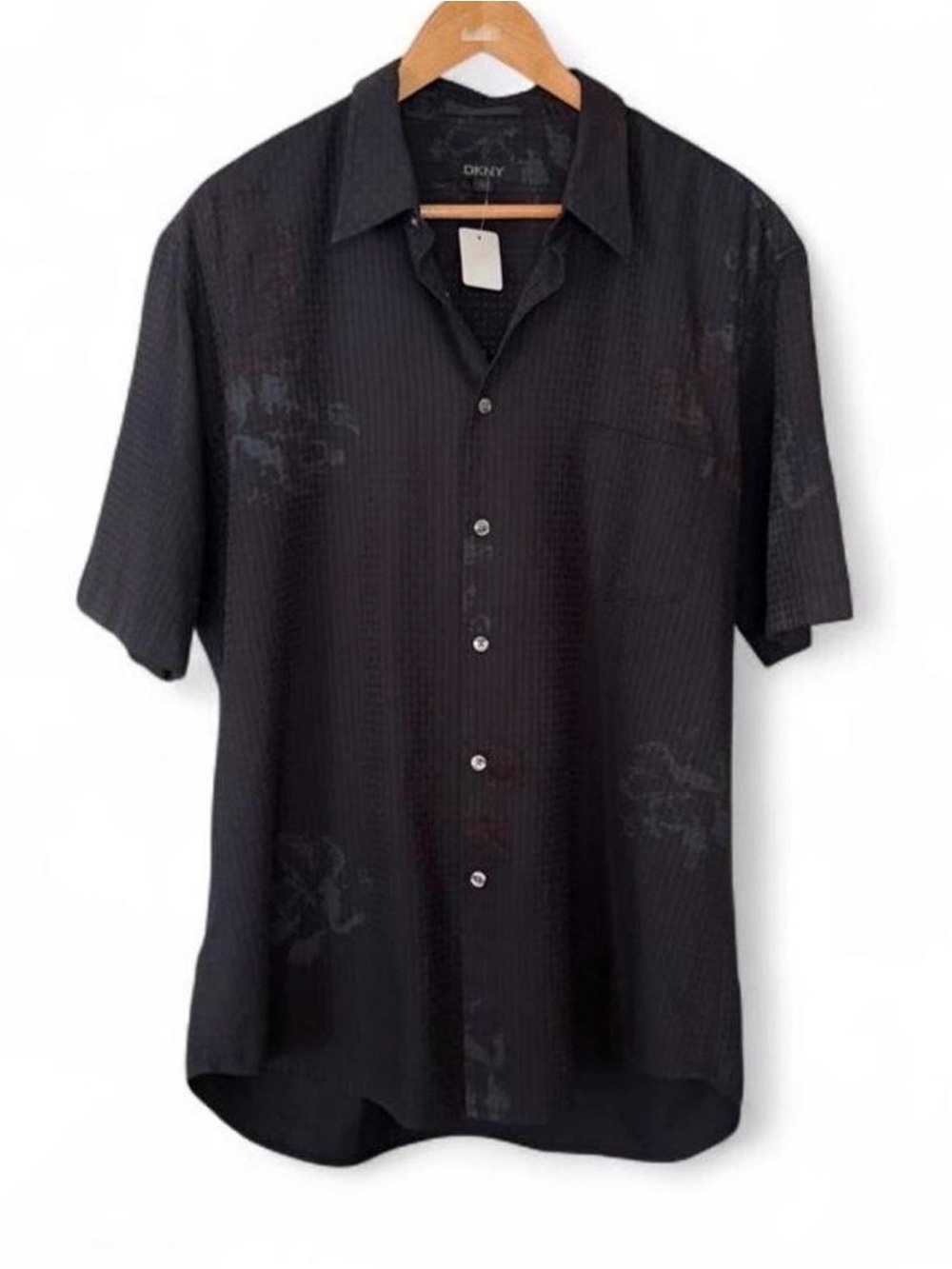 Y2K DKNY Men’s Black Striped Textured Button-Up Shirt Short Sleeve Graphic XL